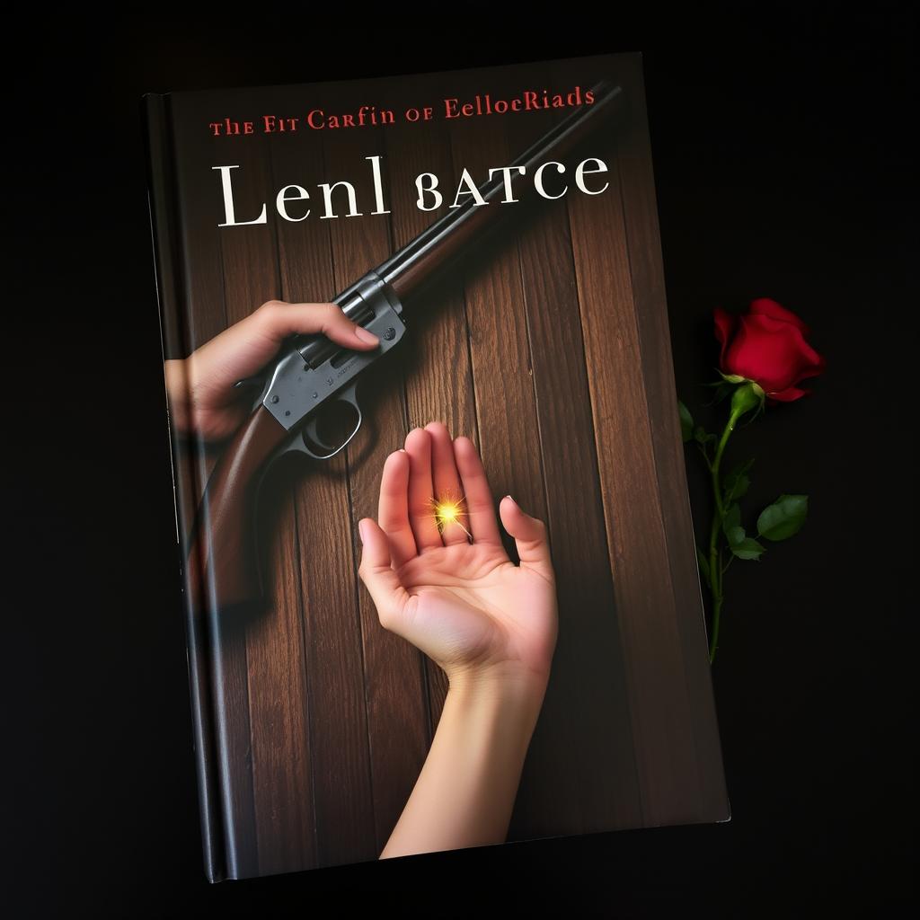 A dark book cover featuring a vintage wooden table with a gun resting on it, held by a masculine hand