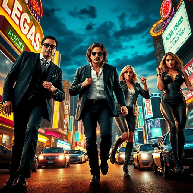 An action film promotional poster set in the vibrant nightlife of Las Vegas, showcasing the iconic Strip with bright neon lights and casinos in the background