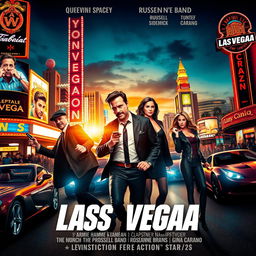 An action film promotional poster set in the vibrant nightlife of Las Vegas, showcasing the iconic Strip with bright neon lights and casinos in the background