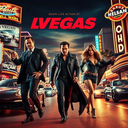 An action film promotional poster set in the vibrant nightlife of Las Vegas, showcasing the iconic Strip with bright neon lights and casinos in the background