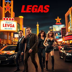 An action film promotional poster set in the vibrant nightlife of Las Vegas, showcasing the iconic Strip with bright neon lights and casinos in the background