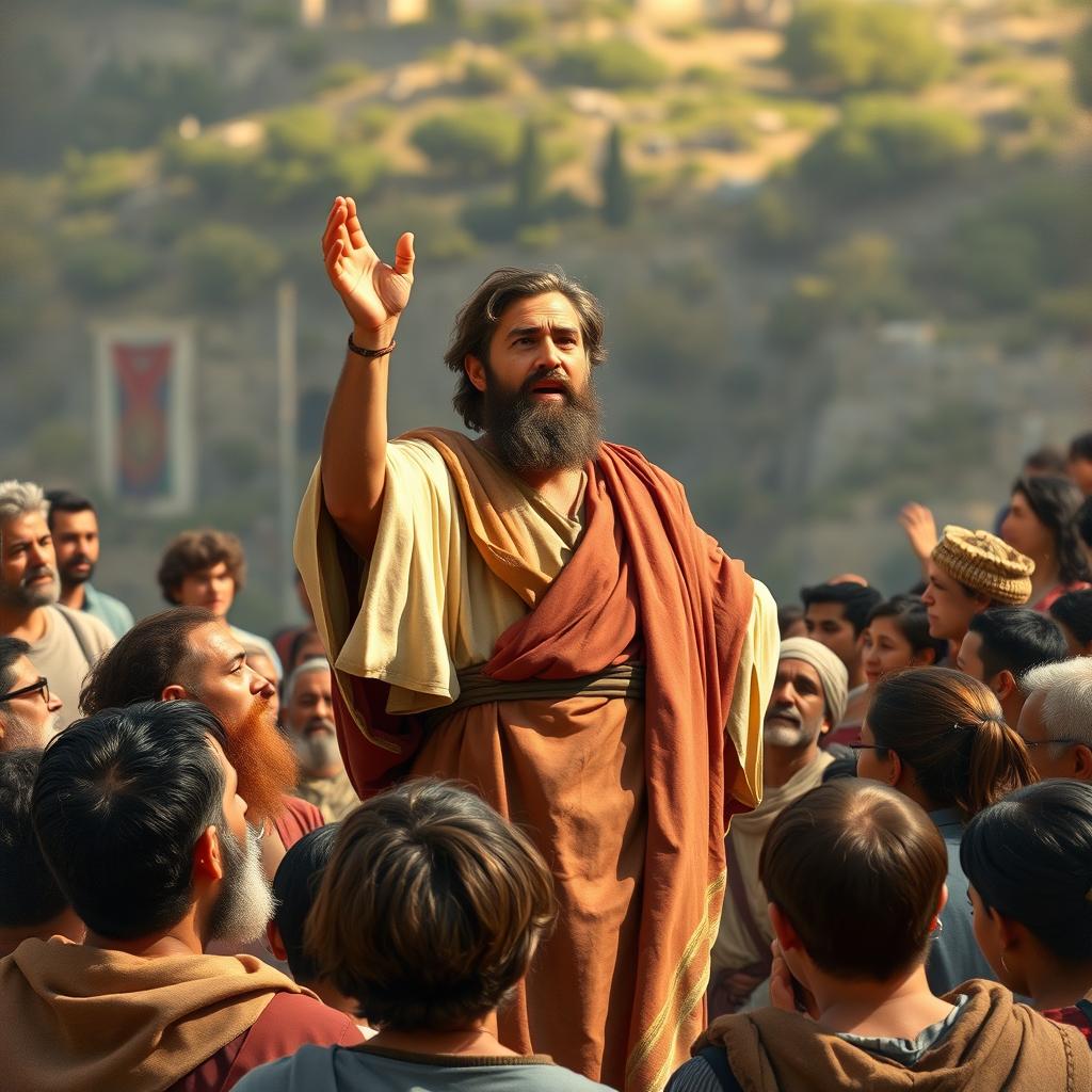 A depiction of Paulo de Tarso (Paul the Apostle) preaching passionately to a diverse crowd