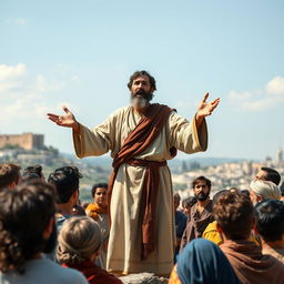 A depiction of Paulo de Tarso (Paul the Apostle) preaching passionately to a diverse crowd