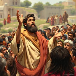 A depiction of Paulo de Tarso (Paul the Apostle) preaching passionately to a diverse crowd