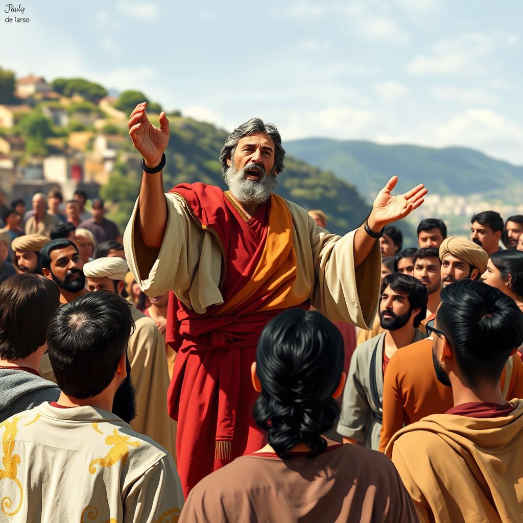 A depiction of Paulo de Tarso (Paul the Apostle) preaching passionately to a diverse crowd