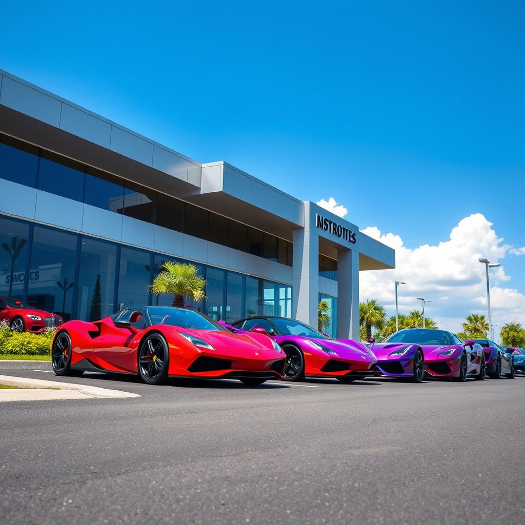 A vibrant dealership showcasing red and purple supercars prominently displayed under bright daylight