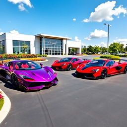 A vibrant dealership showcasing red and purple supercars prominently displayed under bright daylight