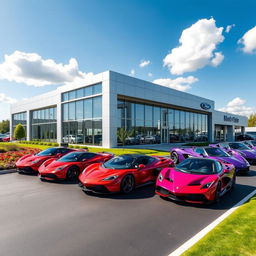 A vibrant dealership showcasing red and purple supercars prominently displayed under bright daylight