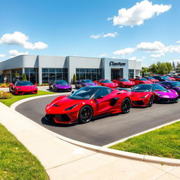 A vibrant dealership showcasing red and purple supercars prominently displayed under bright daylight