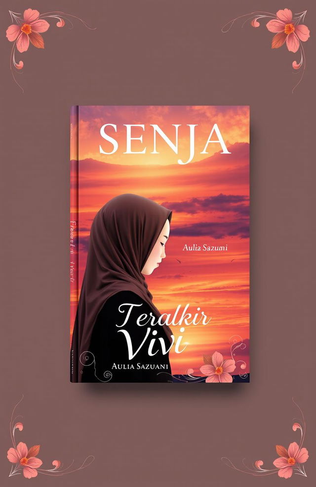 A beautiful and aesthetic book cover design for a novel titled 'Senja Terakhir Vivi', by author Aulia Sazuani