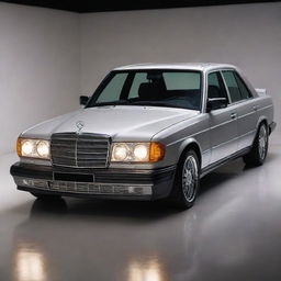 A custom Mercedes-Benz 190e owned by a famous singer, shimmering under a spot light, with luxurious detailing, bespoke features, and personalised touches that reflect the singer's personality and style.