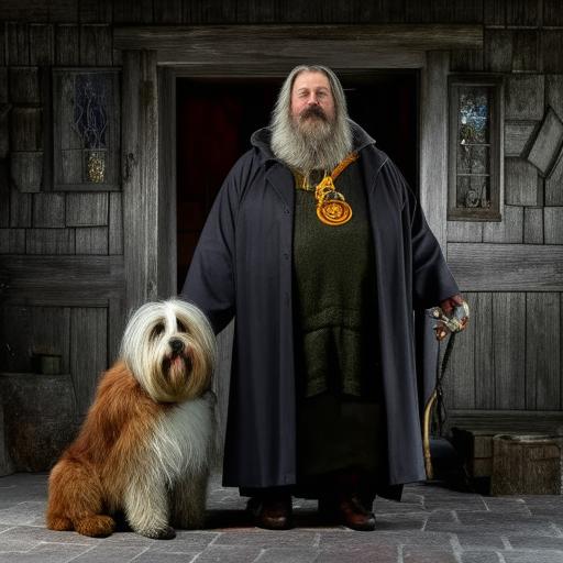 Rubeus Hagrid, an imposing figure with shaggy hair and beard, wearing a large, rugged coat, and holding an umbrella; accompanied by his trusty canine, Fang, against the rustic backdrop of Hagrid's wooden hut in Hogwarts.