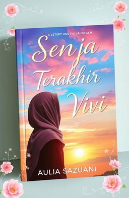 A beautiful and aesthetic book cover design for a novel titled 'Senja Terakhir Vivi', by author Aulia Sazuani