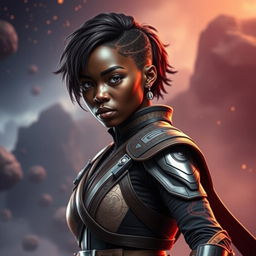 An epic scene featuring a stunningly beautiful ebony female character with short hair, inspired by the Star Wars universe