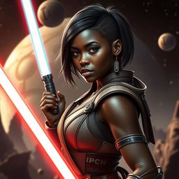 An epic scene featuring a stunningly beautiful ebony female character with short hair, inspired by the Star Wars universe