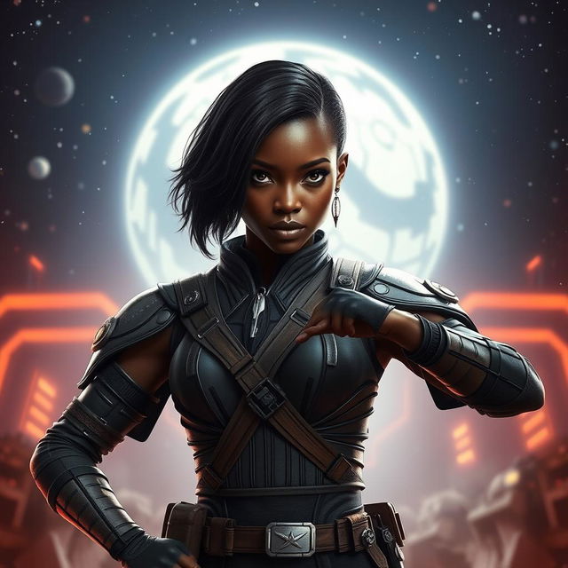 An epic scene featuring a stunningly beautiful ebony female character with short hair, inspired by the Star Wars universe