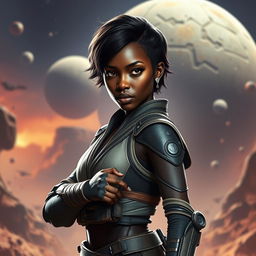 An epic scene featuring a stunningly beautiful ebony female character with short hair, inspired by the Star Wars universe