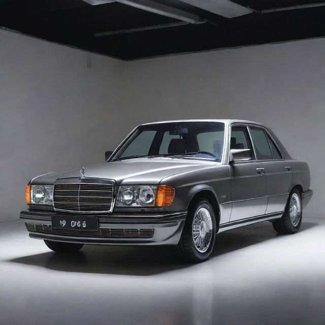 A custom Mercedes-Benz 190e owned by a famous singer, shimmering under a spot light, with luxurious detailing, bespoke features, and personalised touches that reflect the singer's personality and style.