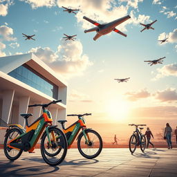 A futuristic scene depicting a group of Nomad Cars bicycles in a vibrant, dynamic setting representative of Kazakhstan in the year 2030