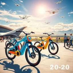 A futuristic scene depicting a group of Nomad Cars bicycles in a vibrant, dynamic setting representative of Kazakhstan in the year 2030