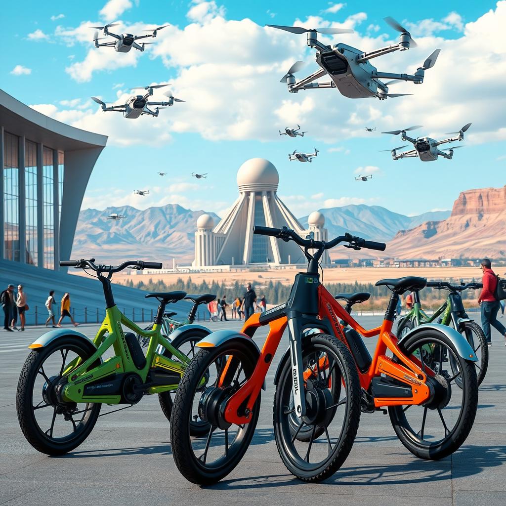 A futuristic scene depicting a group of Nomad Cars bicycles in a vibrant, dynamic setting representative of Kazakhstan in the year 2030