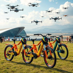 A futuristic scene depicting a group of Nomad Cars bicycles in a vibrant, dynamic setting representative of Kazakhstan in the year 2030