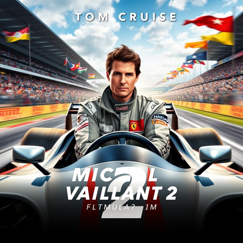 A thrilling film poster for "Michel Vaillant 2," starring Tom Cruise as a charismatic Formula 1 driver