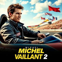 A thrilling film poster for "Michel Vaillant 2," starring Tom Cruise as a charismatic Formula 1 driver