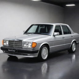 A custom Mercedes-Benz 190e owned by a famous singer, shimmering under a spot light, with luxurious detailing, bespoke features, and personalised touches that reflect the singer's personality and style.