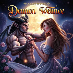 A stunning fantasy book cover featuring a handsome demon with an athletic build and striking facial features, exuding charm and mystery