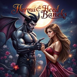 A stunning fantasy book cover featuring a handsome demon with an athletic build and striking facial features, exuding charm and mystery