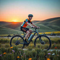 A vibrant scene showcasing a Kazakhstani cyclist riding a Nomad Car bicycle, surrounded by the beautiful landscapes of Kazakhstan