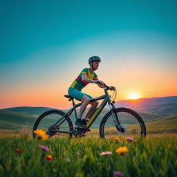 A vibrant scene showcasing a Kazakhstani cyclist riding a Nomad Car bicycle, surrounded by the beautiful landscapes of Kazakhstan