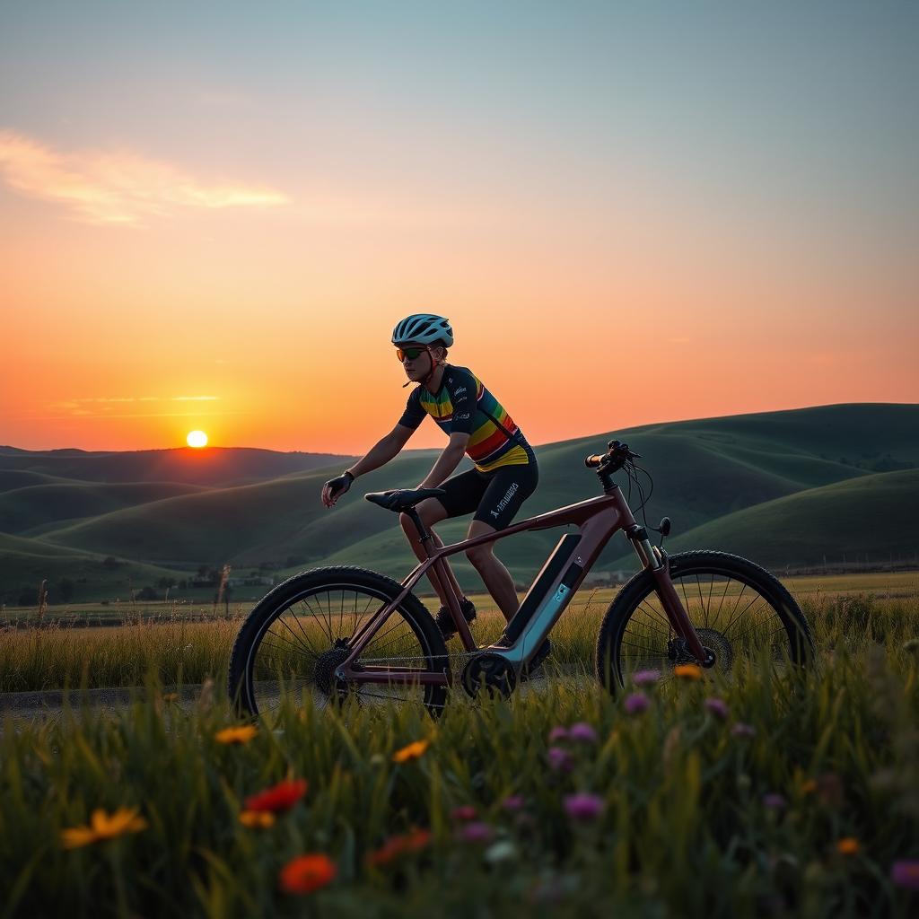 A vibrant scene showcasing a Kazakhstani cyclist riding a Nomad Car bicycle, surrounded by the beautiful landscapes of Kazakhstan