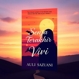 An artistic and cool aesthetic book cover design for a novel titled 'Senja Terakhir Vivi', by author Aulia Sazuani