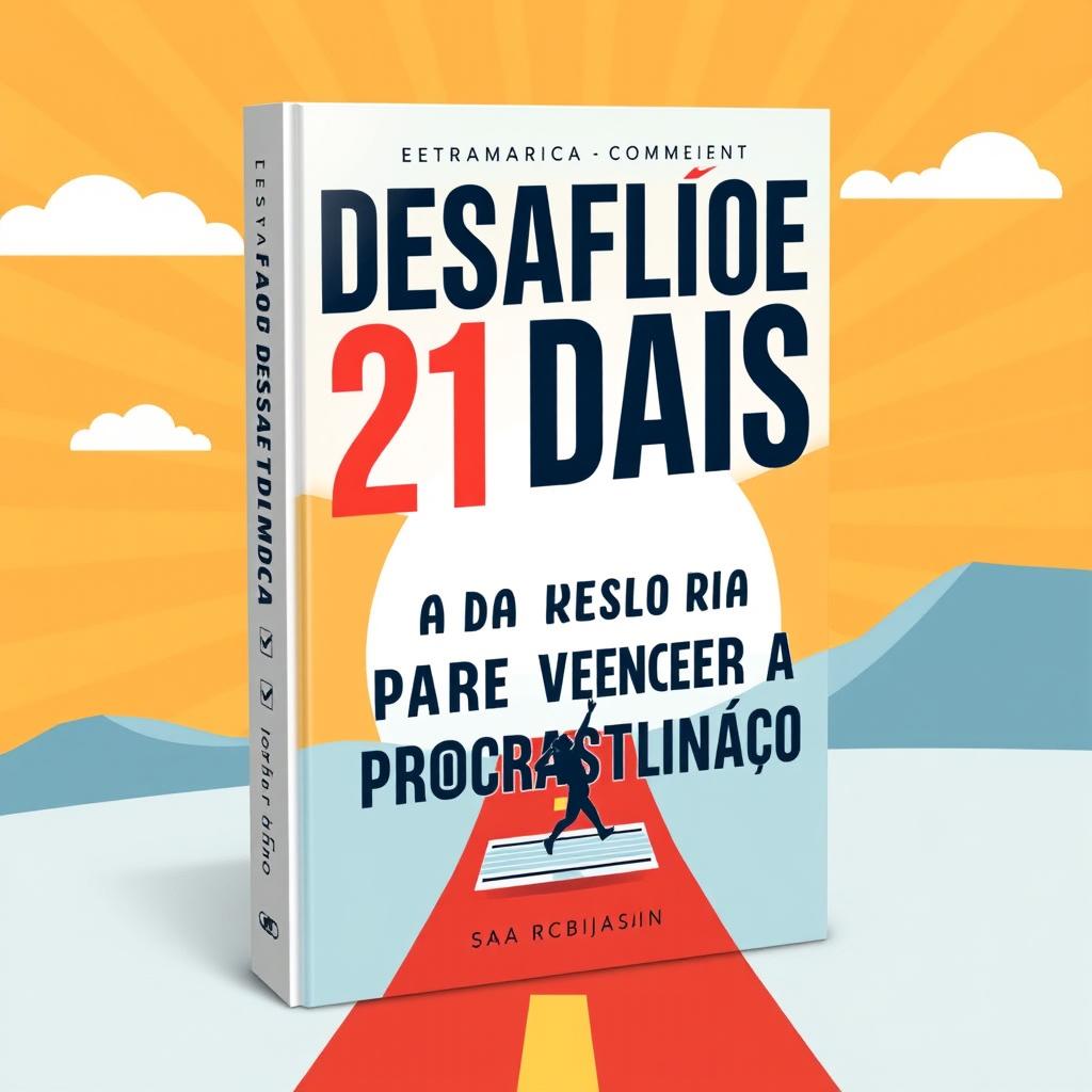 A motivational and inspiring cover design for a book titled 'Desafio de 21 Dias para Vencer a Procrastinação'