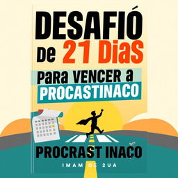 A motivational and inspiring cover design for a book titled 'Desafio de 21 Dias para Vencer a Procrastinação'