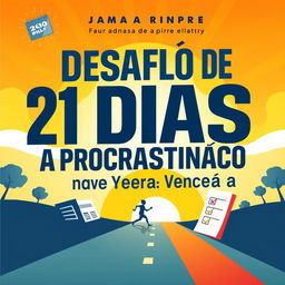 A motivational and inspiring cover design for a book titled 'Desafio de 21 Dias para Vencer a Procrastinação'