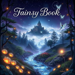 A fantasy book cover design featuring a mystical forest with glowing plants and a shimmering river