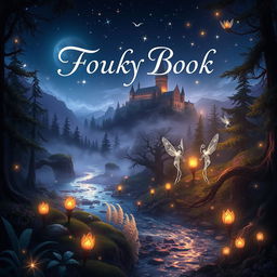 A fantasy book cover design featuring a mystical forest with glowing plants and a shimmering river