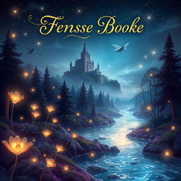 A fantasy book cover design featuring a mystical forest with glowing plants and a shimmering river