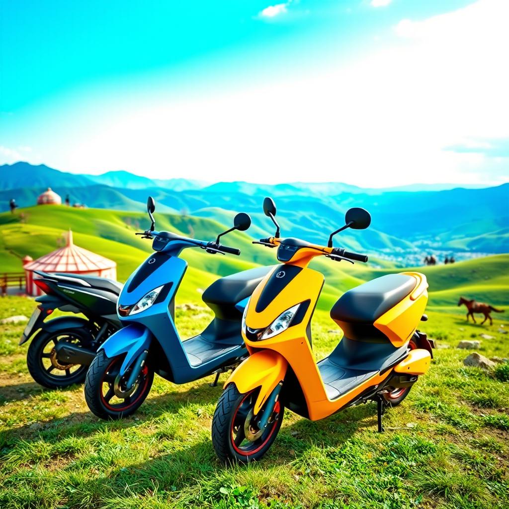 A stunning display of Nomad Cars electric scooters set against a picturesque backdrop of Kazakhstan's vast landscape