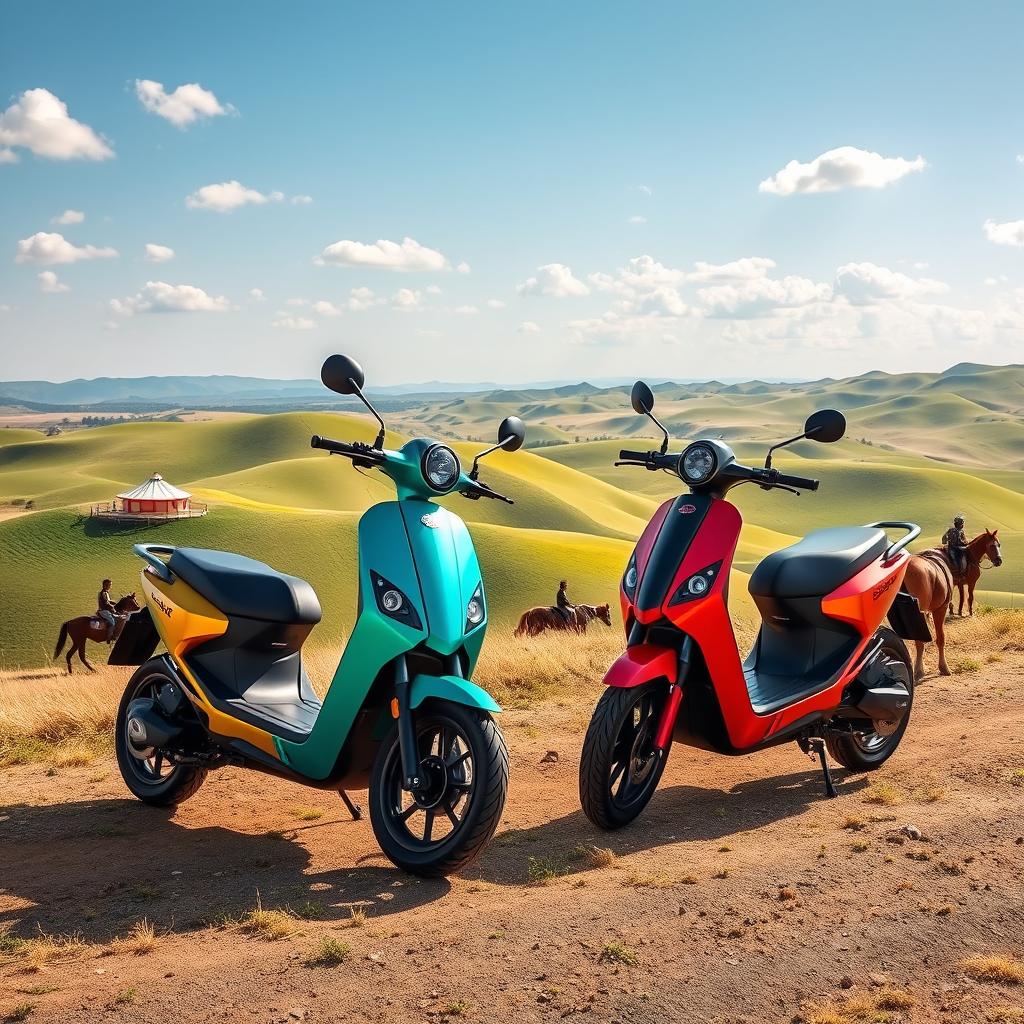 A stunning display of Nomad Cars electric scooters set against a picturesque backdrop of Kazakhstan's vast landscape