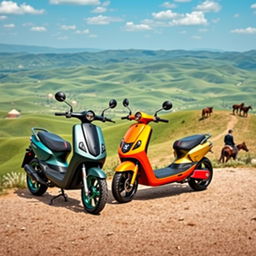 A stunning display of Nomad Cars electric scooters set against a picturesque backdrop of Kazakhstan's vast landscape