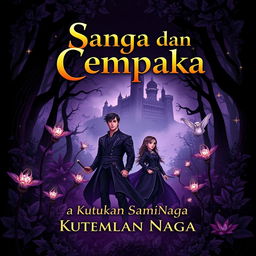 A fantasy book cover design featuring a mystical forest with a dark color palette, primarily shades of deep purple and black