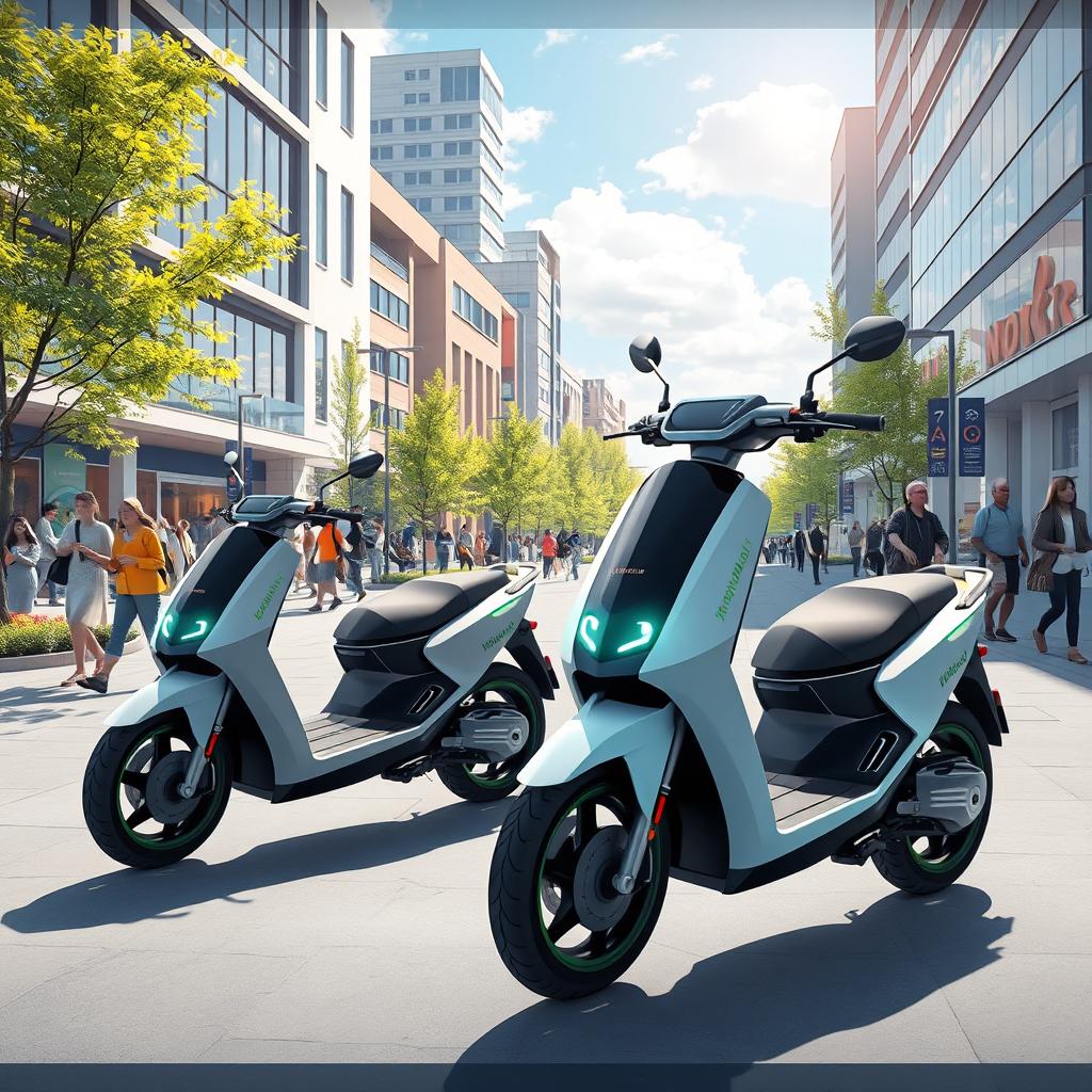 A futuristic scene depicting innovative electric scooters branded as Nomad Cars, set in a vibrant, urban Kazakhstan in the year 2030