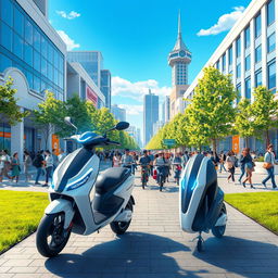 A futuristic scene depicting innovative electric scooters branded as Nomad Cars, set in a vibrant, urban Kazakhstan in the year 2030