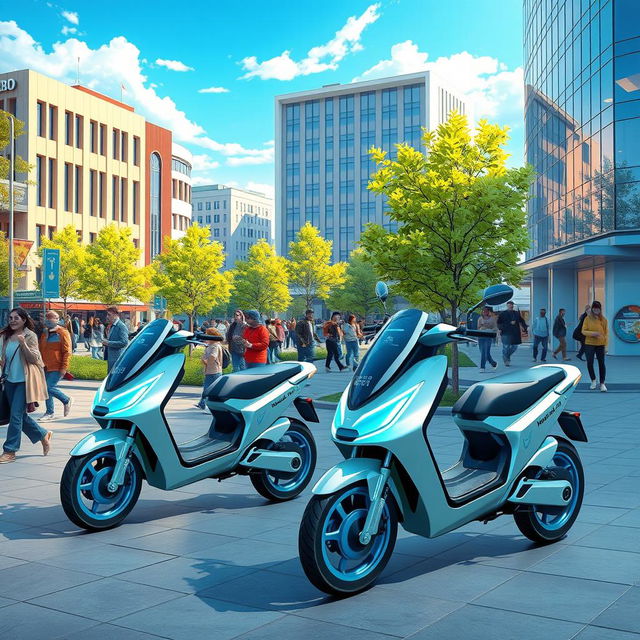 A futuristic scene depicting innovative electric scooters branded as Nomad Cars, set in a vibrant, urban Kazakhstan in the year 2030