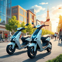 A futuristic scene depicting innovative electric scooters branded as Nomad Cars, set in a vibrant, urban Kazakhstan in the year 2030