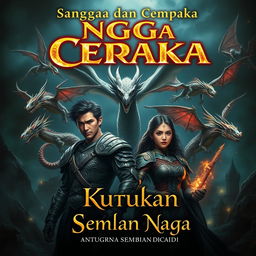 A captivating fantasy book cover featuring Sangga, a determined male warrior, and Cempaka, a brave female hero, standing at the forefront with expressions of readiness to face challenges